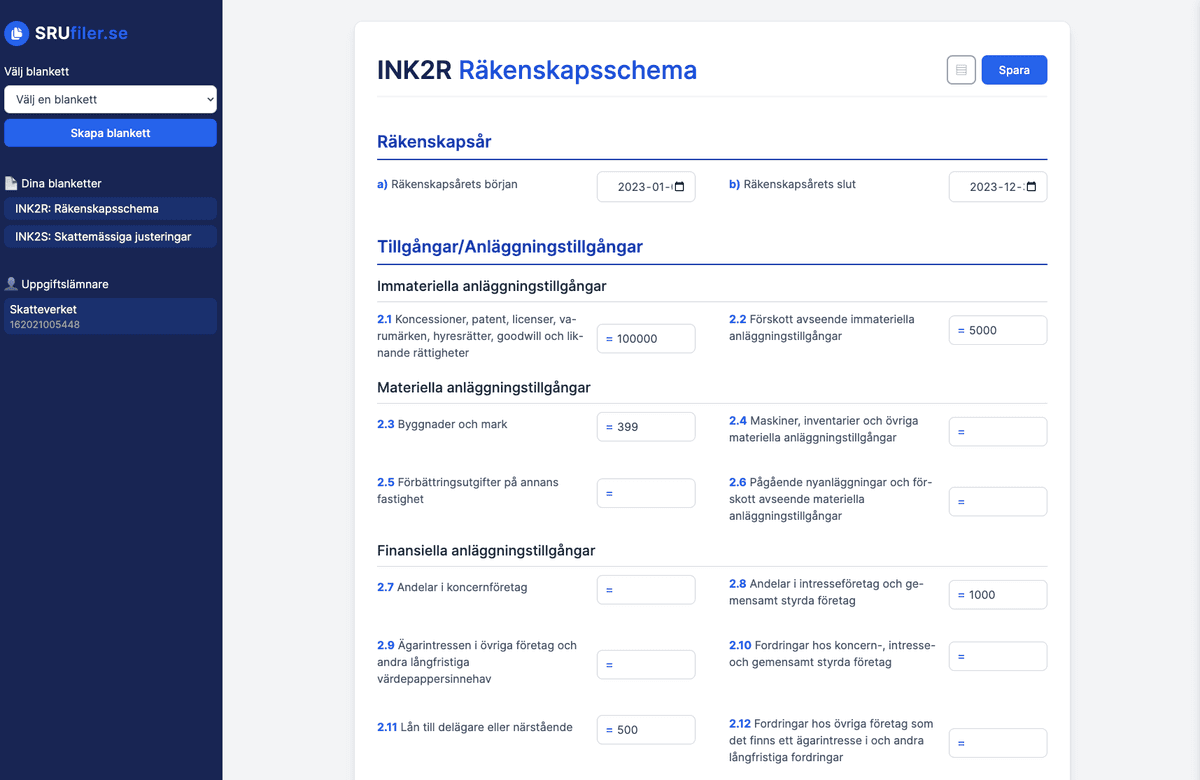 SRUfilers dashboard för att skapa SRU-filer